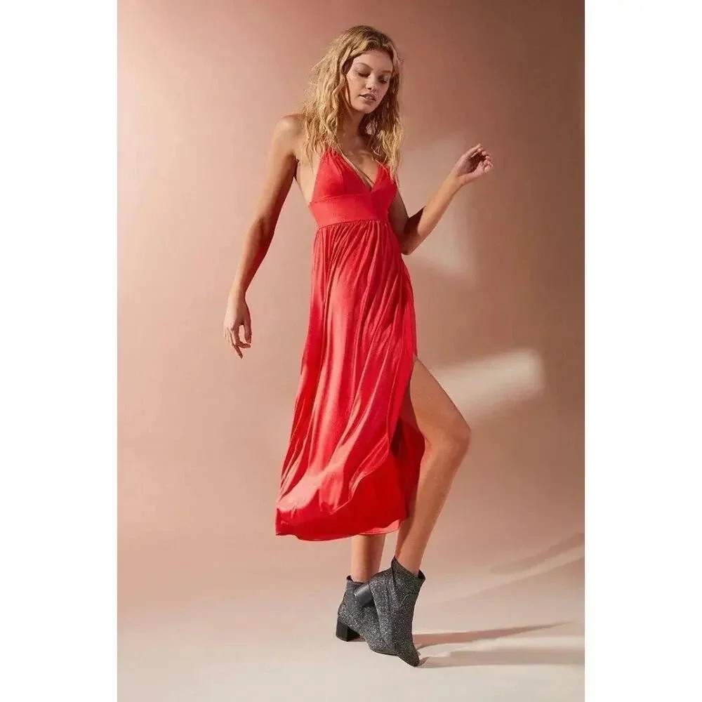 Urban Outfitters Womens Tulip Hem Midi Dress Party Leg Slit Sheen Shiny Plunge